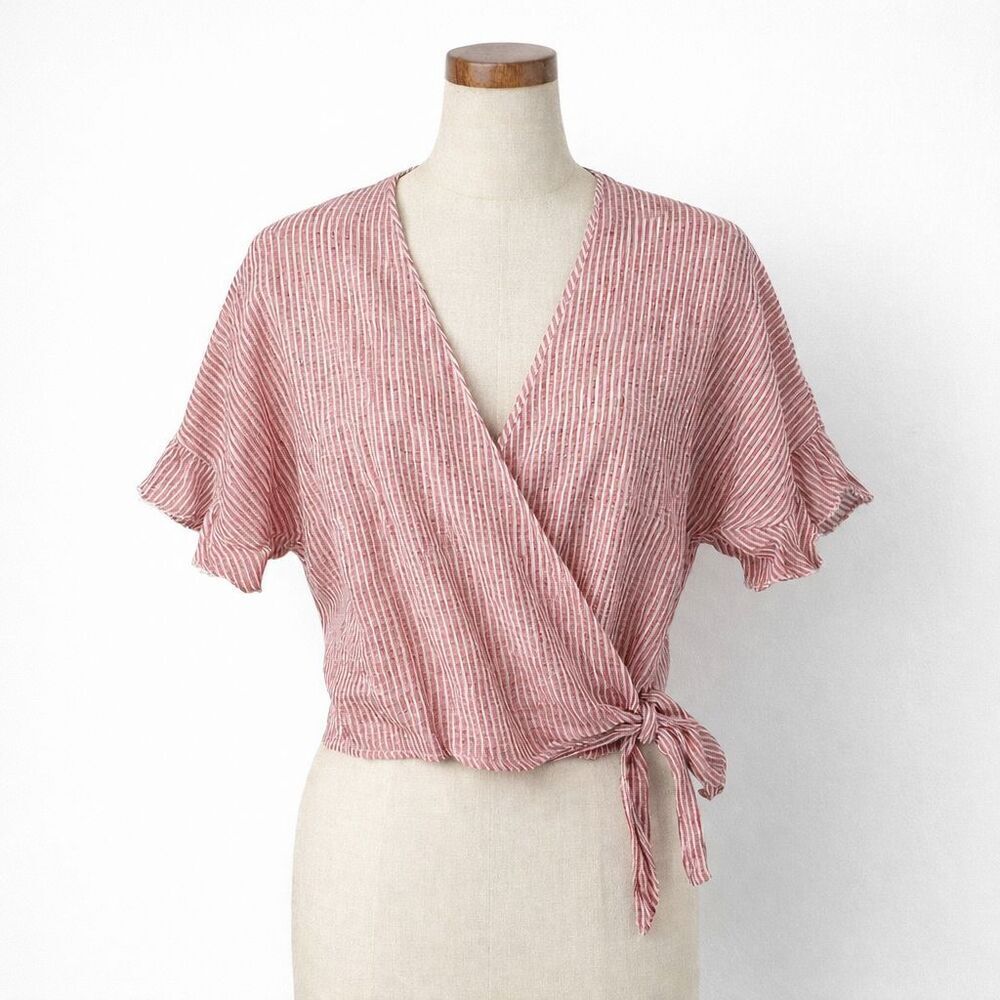 Rails Athena Scarlet Stripe Wrap Top Size XS Linen Blend Short Ruffle Sleeve